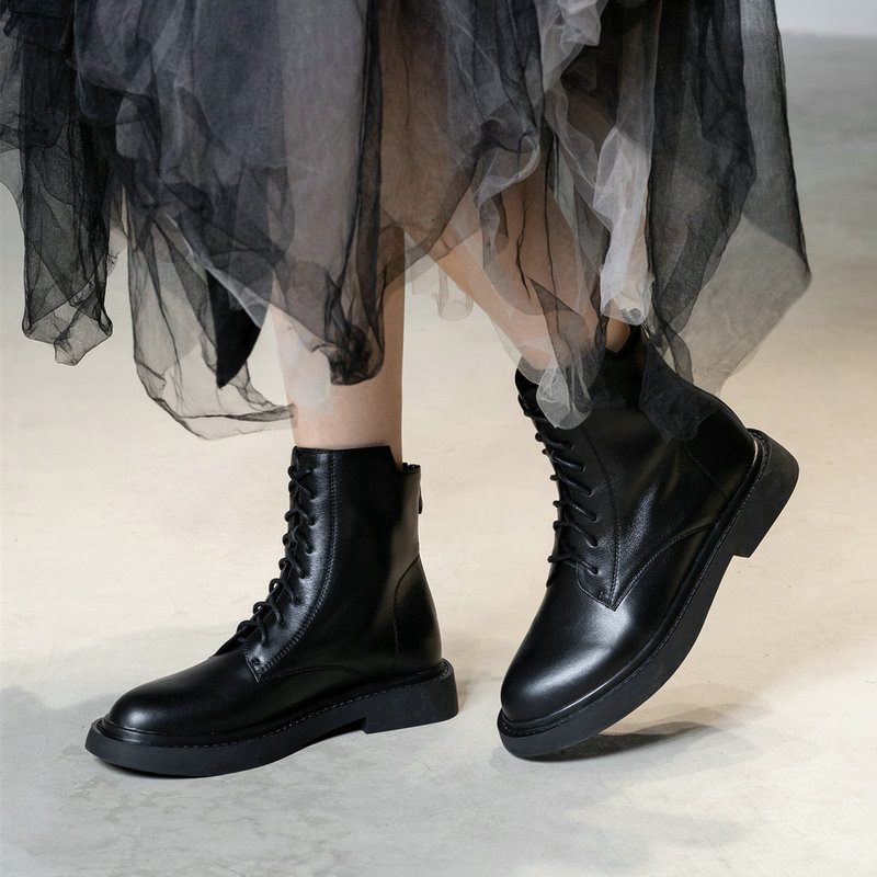 

EshtonShero Boots Female Autumn New Genuine Leather Women Boots Low Heel Lace Up Back zipper Round Toe women shoes Size 3-9, Black