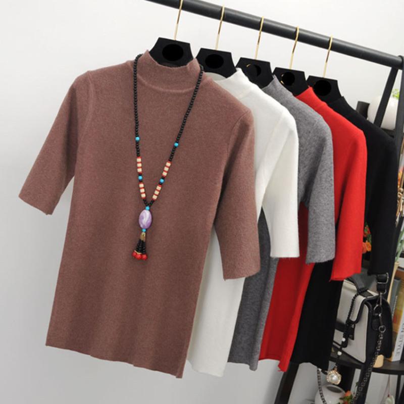 

9 Colors 2020 Fashion Knitted T Shirt Tops Tees Women Short Sleeve Solid Basic T-Shirts Slim Knitwear Pullover T-shirt, Color 4