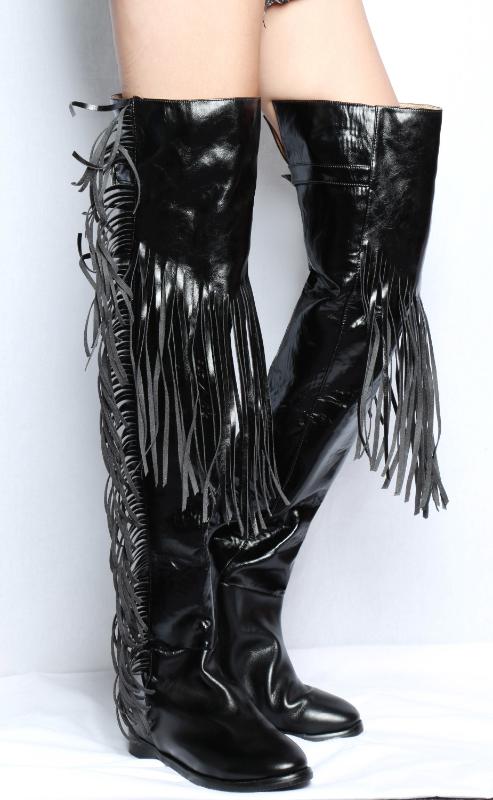 

Women Designer Knee High Overknee Leather Fringe Boots Black Tall Boots New Brand Fashion Women Motorcycle Tassel Flats bota, As picture
