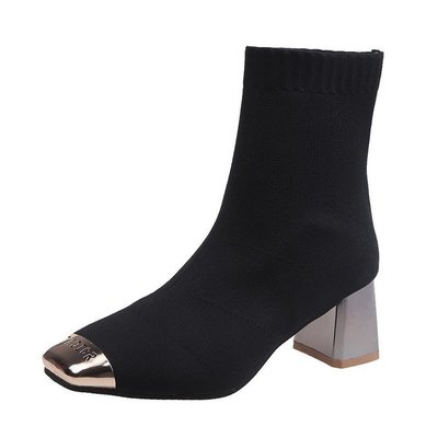 

2020 short boots women spring and autumn square head metal stretch knit boots fashion wild thick with large size women's, Black