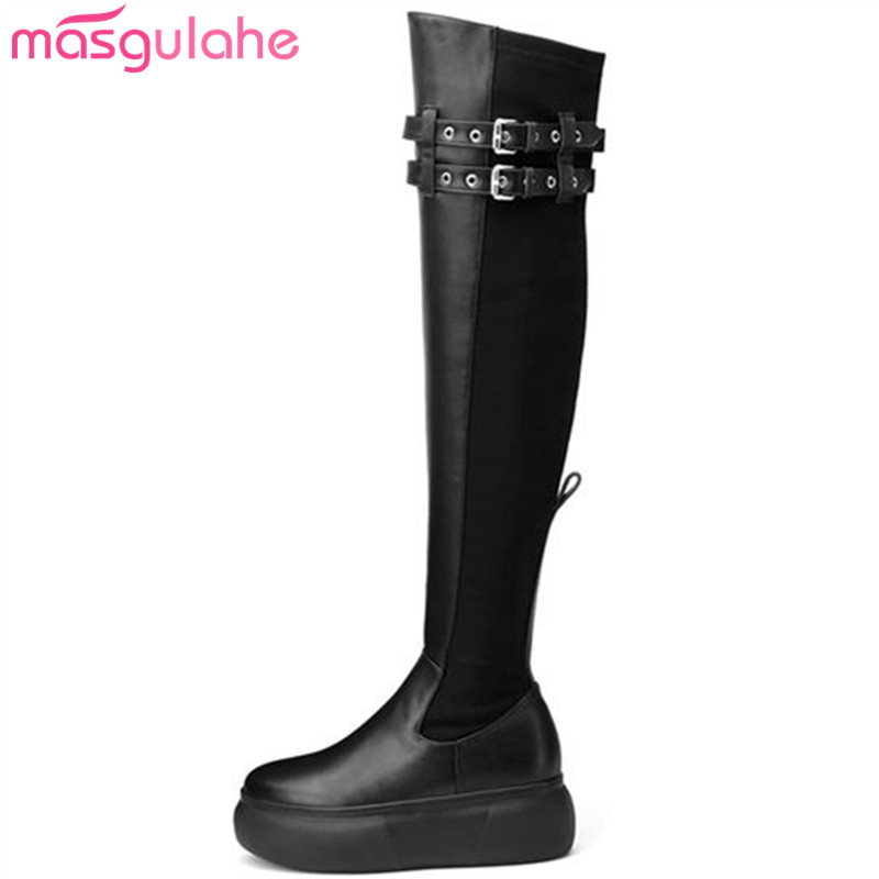 

Masgulahe look slimmer over the knee boots motorcycle autumn winter boots buckles zipper genuine leather womens shoes, Black with fur