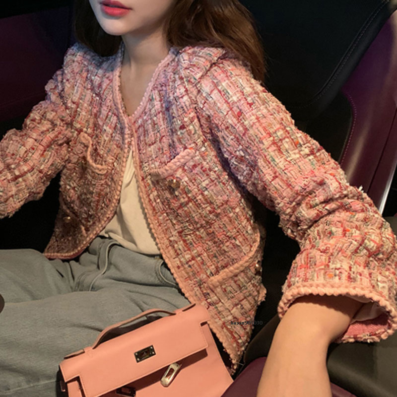 

2020 New spring Pink Plaid Tweed jacket women coat Korean autumn women' jacket Short high quality lady QT74, Short sleeve jacket