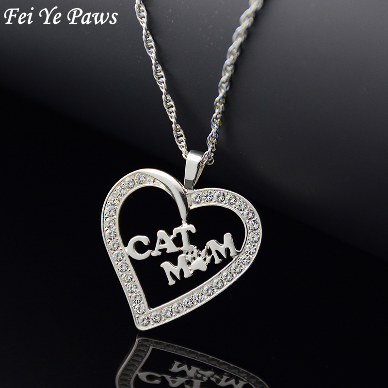 

Fei Ye Paws New Fashion Silver Color Crystal Zircon Cat Mom Heart Pendant Necklaces Long Chain Necklaces Women Christmas Gift