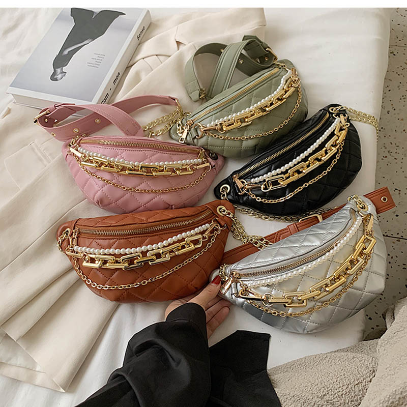 

Solid Color Chest Bag Chain Woman Shoulder Bag PU Leather Beaded Messenger Waist Luxury Handbags Women Diagonal Belt, Green waist bag