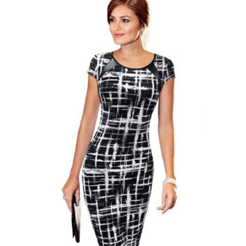 

Elegant Women Dresses Bodycon Office Formal Business Work Party Sheath Tunic Pencil Midi O-neck Short Sleeves Dress, Black dot