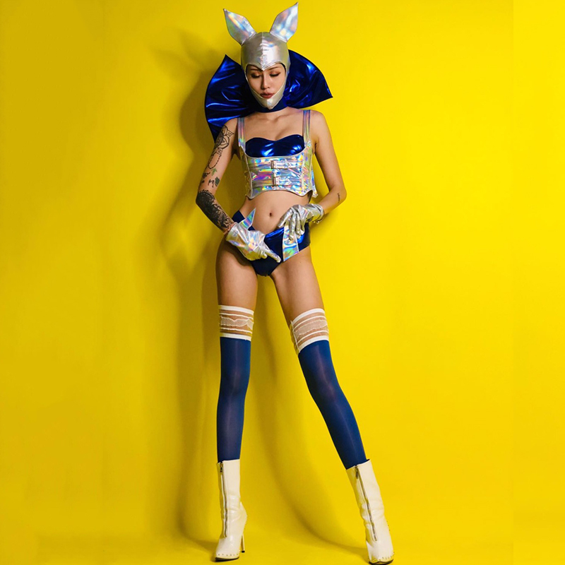 

Bar Nightclub Party Lady Sexy Cosplay Costume Bikini Large Bow Collar Headgear Singer Dj Ds Rave Dancer Outfit Stage Wear DN6358, As picture