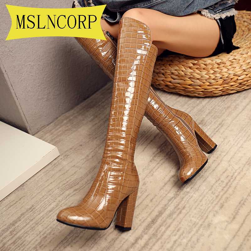 

Big Size 34-43 Patent Leather Women Knee High Boots Pointed Toe Boots Women Long Chunky Block High Heel Black Yellow Brown