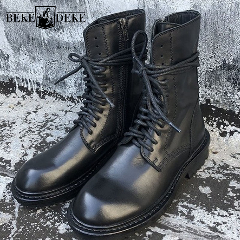 

Vintage British Genuine Leather Womens Knight Boots Cross Tie Zip Round Toe Motorcycle Boots Thick Bottom Black Mid Calf, Low heel