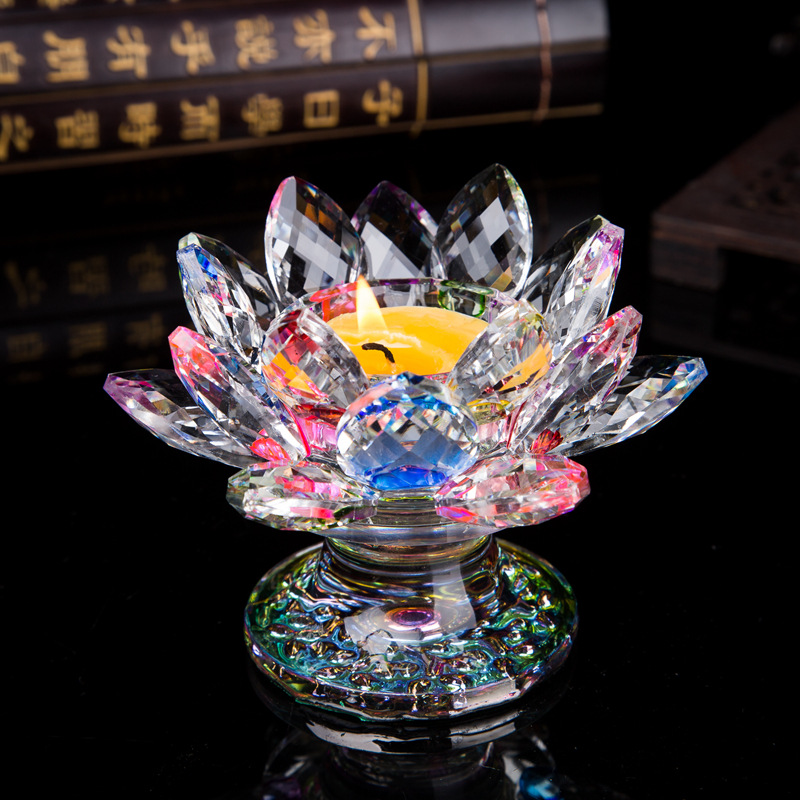 

7 colors Crystal Lotus Candlestick Tealight Holders Flower Figurines Ornament Wedding Gift Home Decor Gift Boxed
