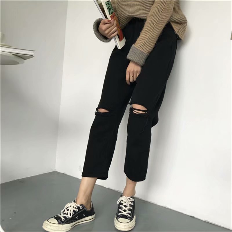 

Boyfriend Jeans for Women Autumn Casual Denim Pants Female Streetwear Vintage Ripped Hole Ankle-length Pants, Black