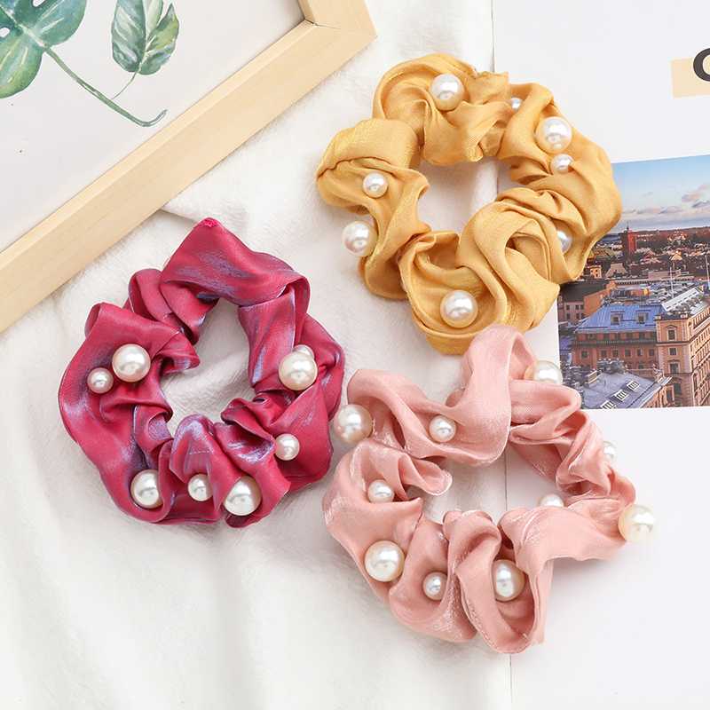 

Fashion Pearl Satin Scrunchies For Girls Solid Elastic Hair Bands For Women Large Intestine Hair Ties Ropes Accessories