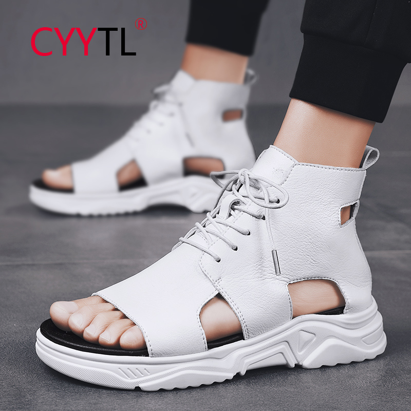

CYYTL Fashion High-top Men Summer Sandals Lace-up Open Toe Shoes Highten Soft Sneakers Outdoor Walking Breathable Meskie Buty, White 2815