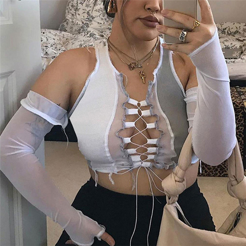 

Women' Tank Tops New Fahsion Sexy Front Mesh Patchwork Bandage Tops Wear Summer Sleeveless Slim Casual Female Short Vest 2020