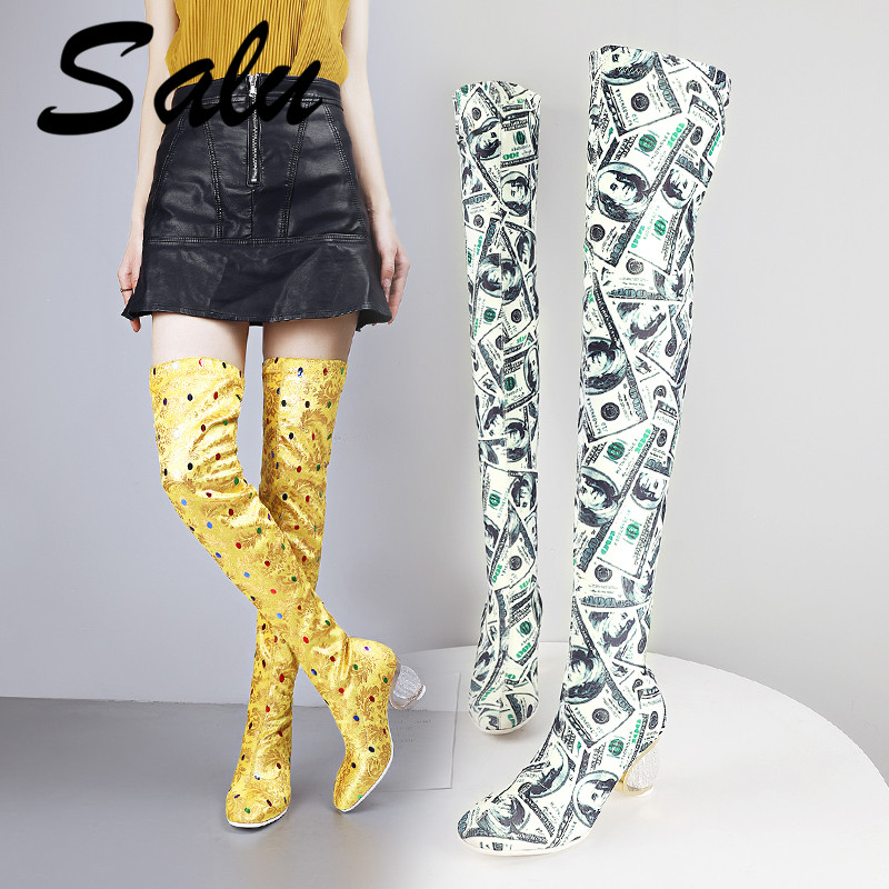 

Salu 2020 Fashion Crystal Stretch Fabric Sock Boots Pointy Toe Over-the-Knee Heel Thigh High Pointed Toe Woman Boots, Black