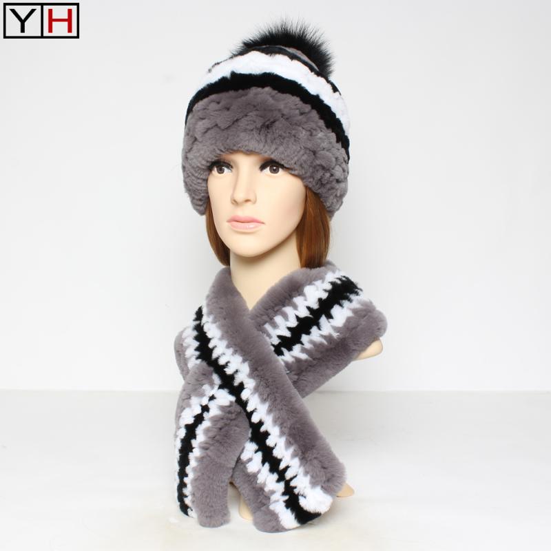 

2020 New Winter Women Real Rex Fur Scarf Hat Set Lady Warm 100%Natural Real Rex Fur Knitted Scarf Caps, Color 6