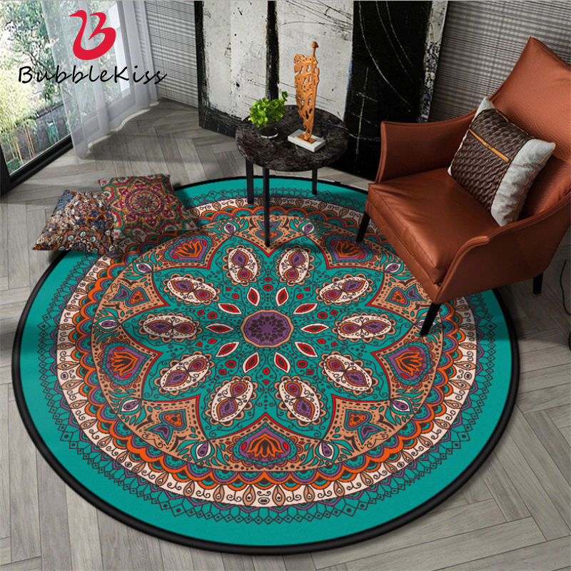 

Vintage Style Round Carpets For Living Room Green Mandala Flower Pattern Rug For Bedroom Table Accessories Bedroom Rug Hand Wash