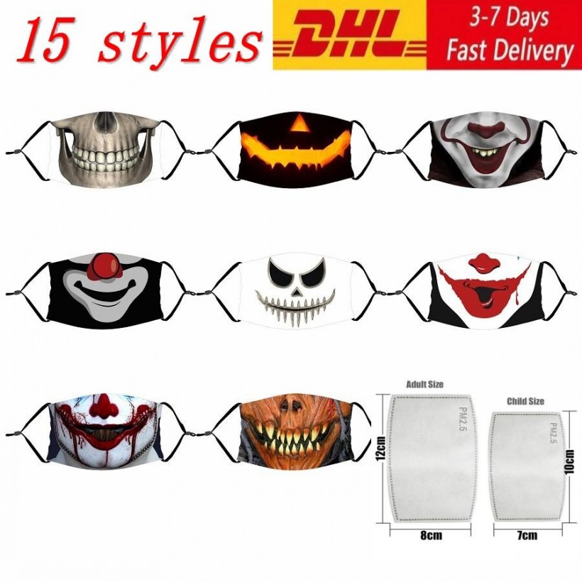 

15 styles Halloween Mask Reusable 3D Painting Pumpkin Grimace Cotton mask Reusable Protective PM2.5 Carbon Filters Washable Adult Kid fy918