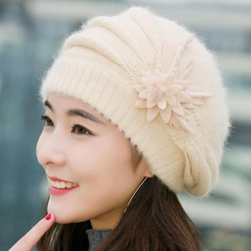

Women's Winter Beanies Hats Knitted Girls Bonnet Caps Artist Warm Wool Winter Hats Brand Wool Fur Knit Beanie Flower Skullies, Red