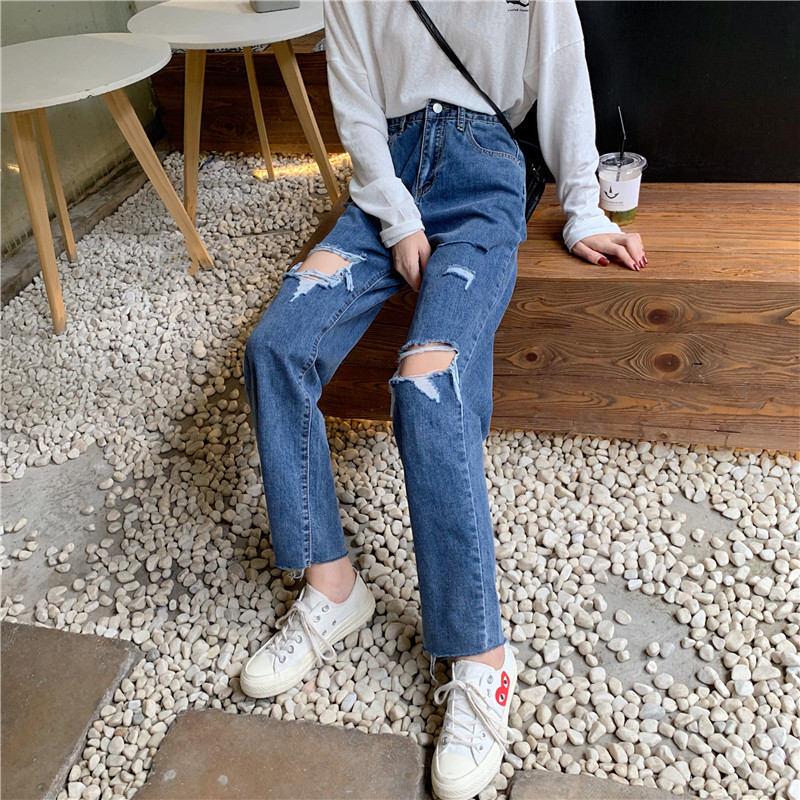 

JUJULAND woman blue Straight leg jeans casual classic hole solid high waiste denim pants loose jeans 102