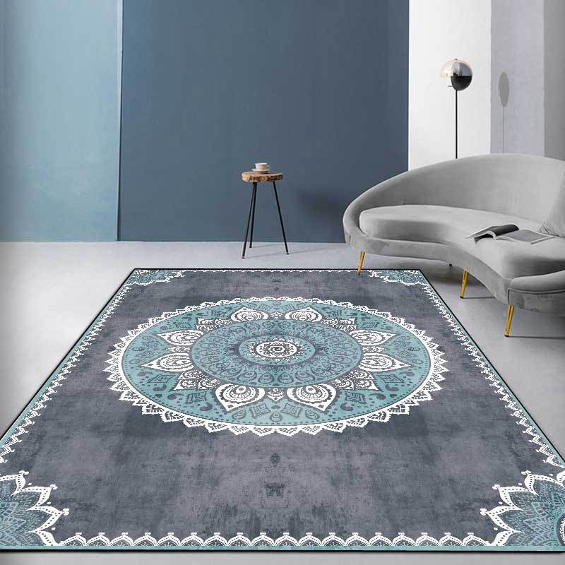 

Persian Style Living Room Carpet and European Blue Geometric Flower Carpet Bedroom Bedside Blanket Ethnic Non-slip Floor Mat