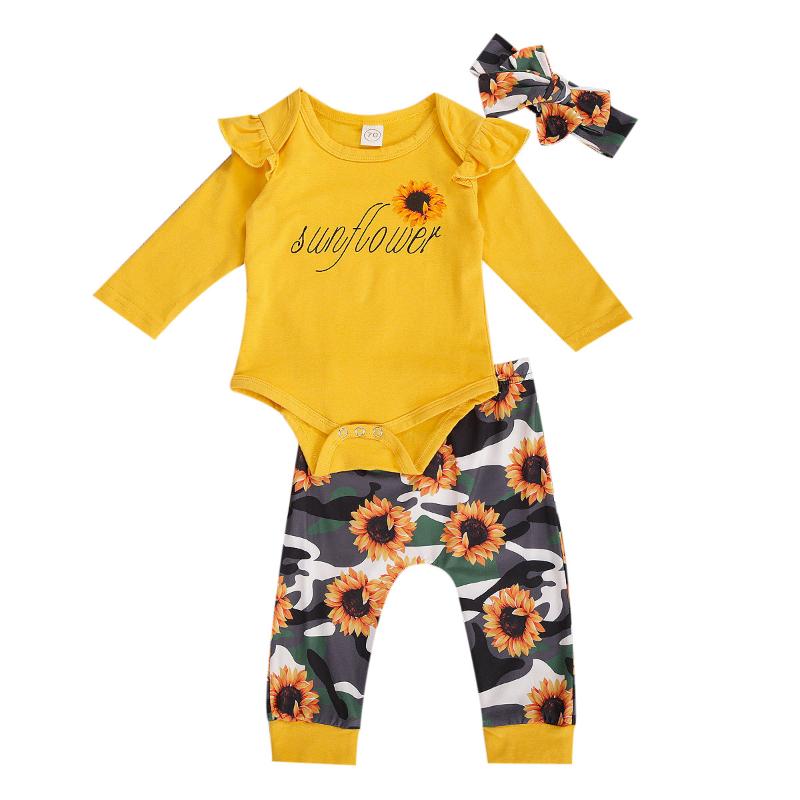 

Baby Girl Casual Clothes Set Toddler Baby Fresh Letter Long Sleeve Bodysuits+Camouflage Sunflower Long Pants+Headband 3pcs/Set, As pic