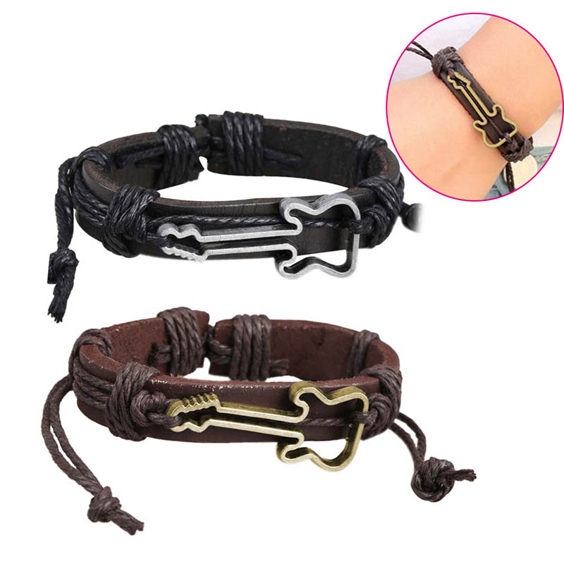 

Girl Boy Braid Leather Bracelet Bangle with Guita Pattern Punk Rock Chain Band H9