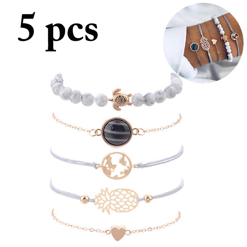 

5 Pcs/set Bohemian Pineapple Turtle Heart Earth Bracelet Sets for Women Weave Rope Chain Bracelets Pulseras Mujer Stone Jewelry