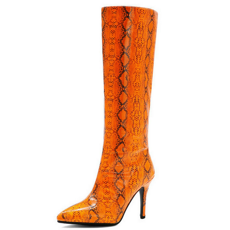 

2020 New Patent PU Leather Women Western Boots Fashion Pointed Toe Thin Heel Ladies Knee High Boots Snake Pattern Blue Orange