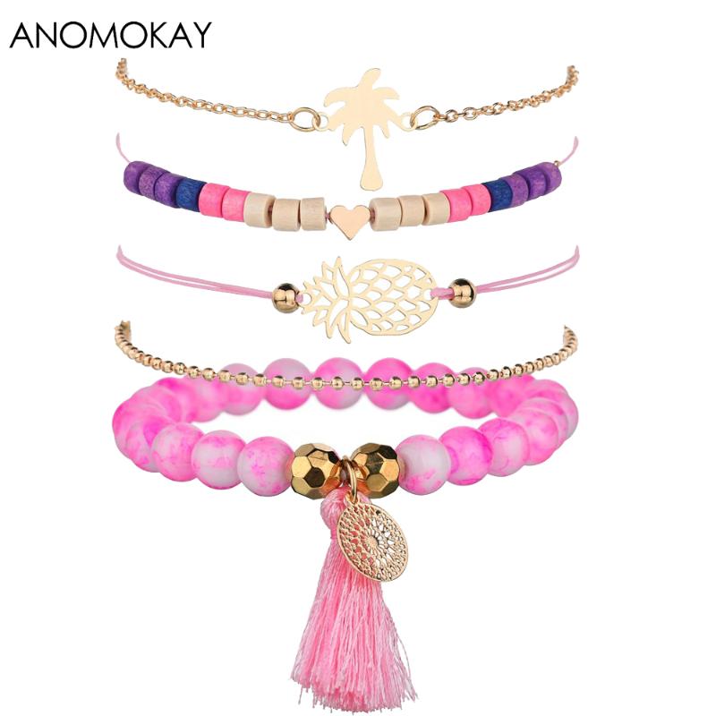 

Bohemia Ethnic Style Pink Tassel Wood Bead Chain & Link Bracelet for Women Handwork Braid Pineapple Tree Fashion Wrap Bracelet