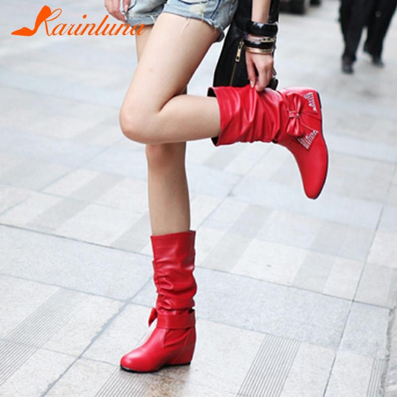 

Karin 2020 New Arrivals Height Increasing Slip On Mid Calf Boots Woman Shoes Sweet Butterfly Concise Shoes Lady Boots Women, Black