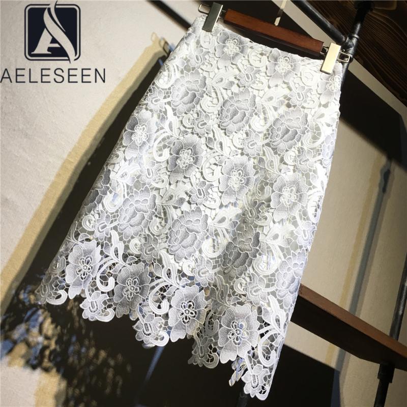 

AELESEEN Runway Fashion Women Lace Skirt High Quality Designer Flower Embroidery Hollow Out Slim Mini Office Ladies Skirts, As pic