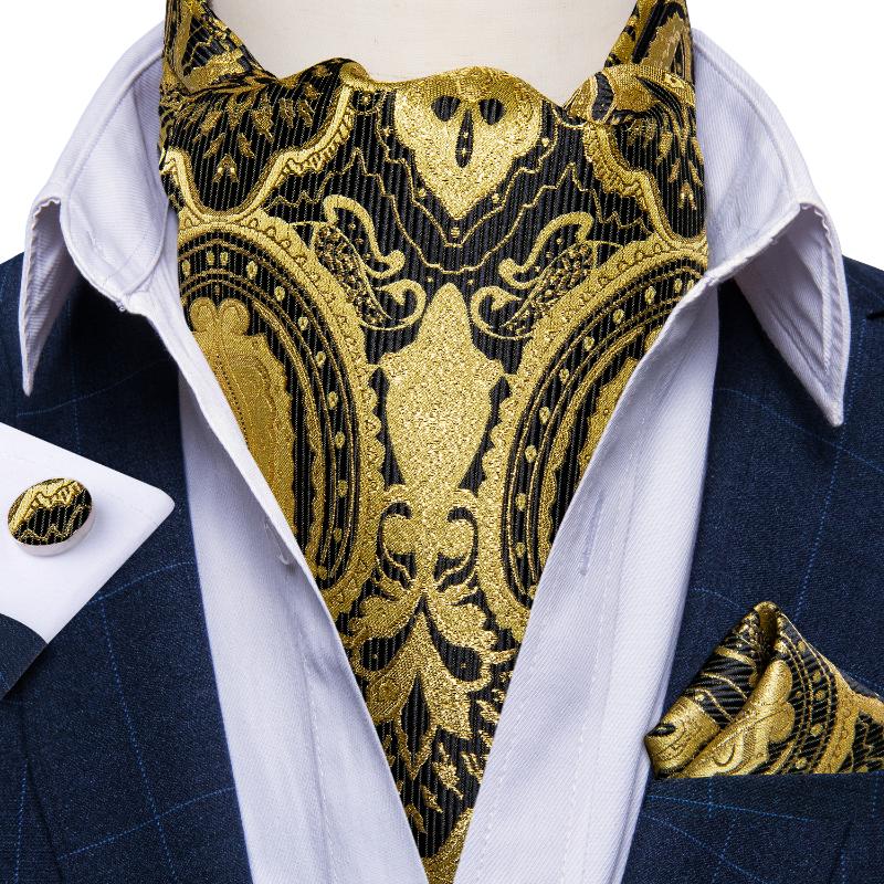 

Bow Ties Luxury Men Silk Ascot Wedding Party Gold Paisley Cravat Necktie Pocket Square Cufflinks 3pcs Set Gentleman Tie DiBanGu