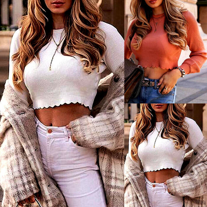 

New long-sleeved bottoming shirt sexy fashion short jacket knit casual pullover lace hem shirt women, White
