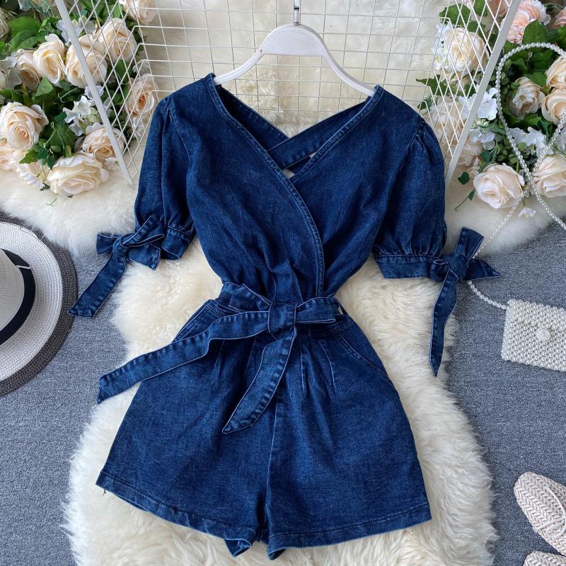 

FMFSSOM New Summer Sexy V neck Backless Short Sleeve Playsuits Solid Casual High Waist Women Playsuits, Blue