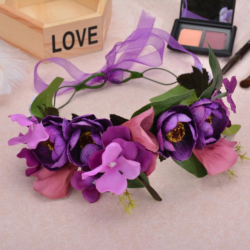 

Flowers Handmade Fabric Wreath Women Bohemians Purple Blue Floral Leaves Crowns