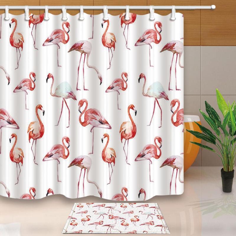 

Flamingo Waterproof Shower Curtain Fabric Polyester Creative Bath White Curtains Printed Curtains For Bathroom With 12pcs Hooks