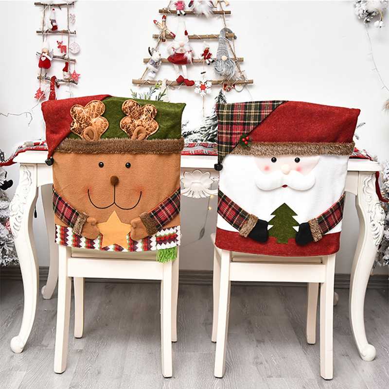 

Santa Snowman Elk Chair Covers Christmas Decor Dinner Chair Xmas Cap Set Dinner Table Hat Back Cover For Home Decoration
