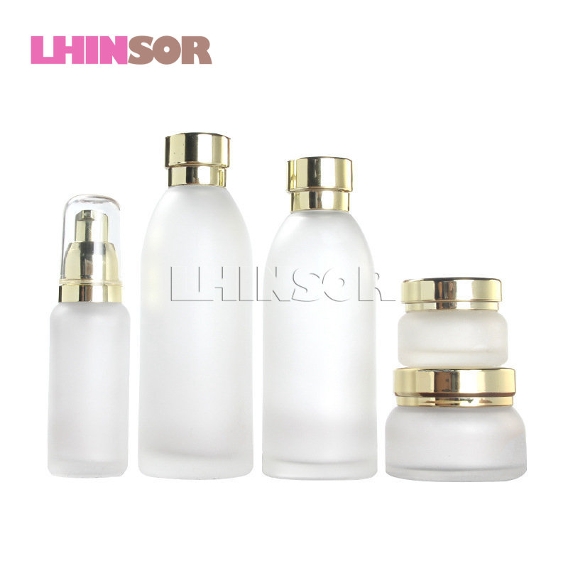 

5pcs/lot High-grade Frosted Transparent Glass Press Pump Lotion Bottle Toner Bottles Cream Jars Cosmetic Packaging Containers