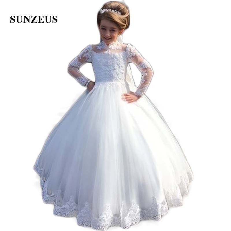 

High Neck Long Sleeve Wedding for Little Kids Lace Appliques Ball Gown Flower Girls Dresses Elegant vestido daminha SF25, Black