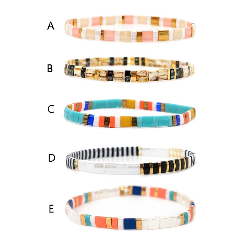 

Colorful Women Boho Bracelet Enamel Handmade Rainbow Stackable Rectangle Elastic Stretch Bracelets Summer Beach Jewelry