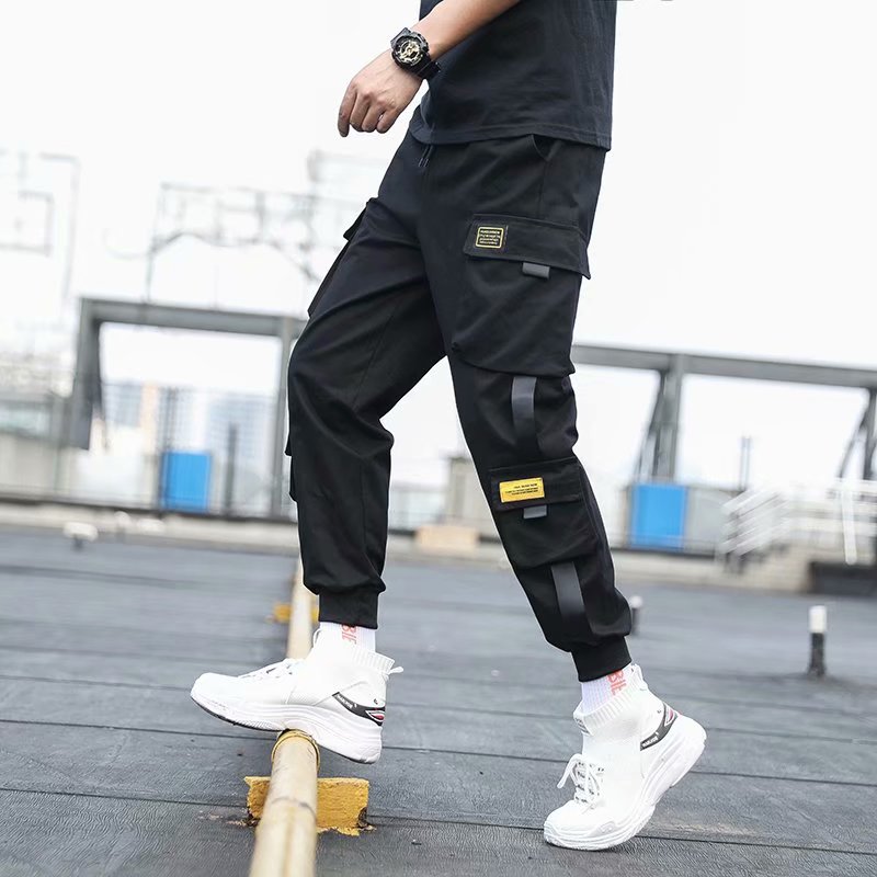 

Men' Side Pockets Cargo Harem Pants 2020 Ribbons Black Hip Hop Casual Male Joggers Trousers Fashion Casual Streetwear Pants, Black 1