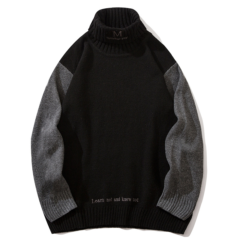 

Men's Turtleneck Pullover Patchwork Autumn Winter Warm Spacious Long Sleeve Clothes Knitted Casual Male Sweater Drop Shipping, Black