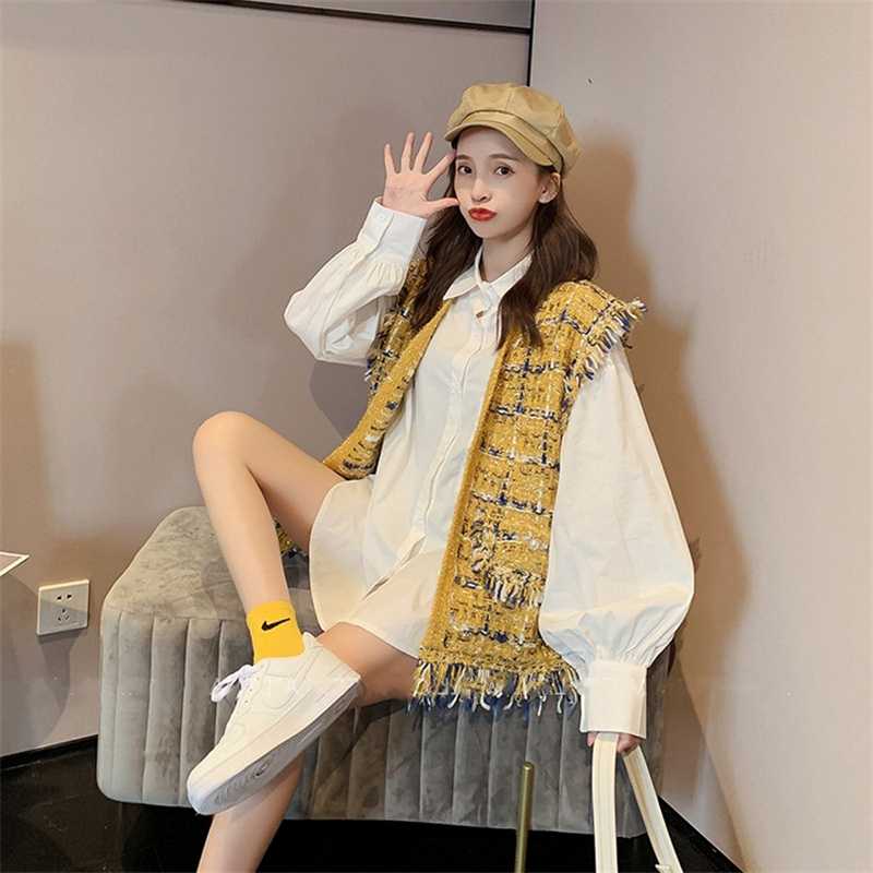 

2020 Knit Sweater Vest Korean Style Fall Fashion V-neck Gold Tassel Sleeveless Vest Jumpers Chic Caridgan Mujer Sueter Waistcoat, Yellow