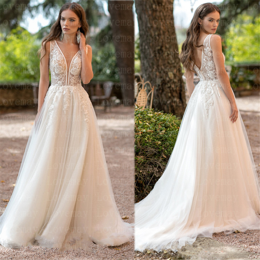 

Beach Wedding Dresses 2021 A Line Bridal Gown Lace Appliques Sleeveless Bohemia Vestidos De Novia Boho Bride Dresses Open Back, Custom color