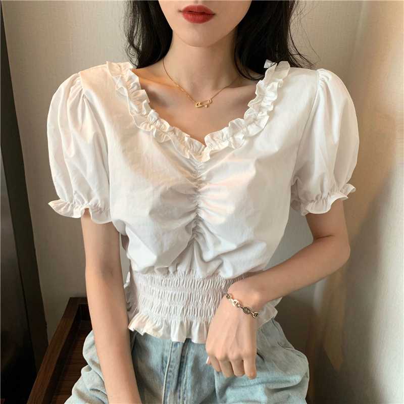 

Summer Sweet Ruffles V-neck Cropped Blouses Women Short Puff Sleeve Vintage Black And White Shirts Crop Tops For Girls