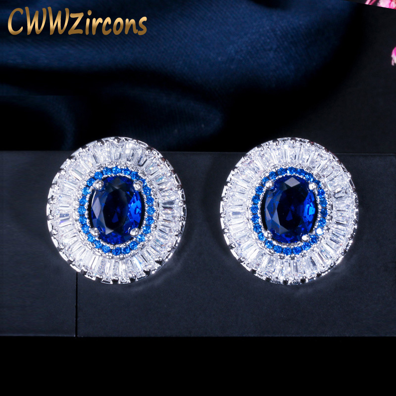 

CWWZircons Dazzling Big Round Shape Cubic Zirconia And Blue Crystal Women Fashion Jewelry Stud Earrings CZ281