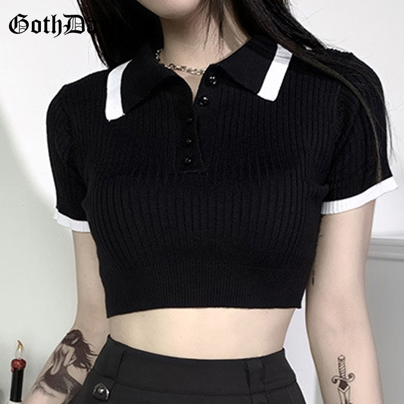 

Goth Dark Sexy Bodycon Women Summer Crop Tops Black Casual Button Thread Female T-shirts Harajuku Korean Y2k E-girl Clothes 2020