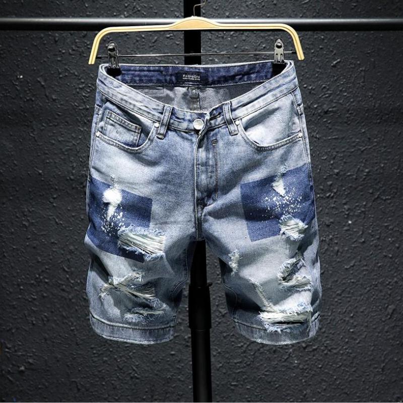 

Men Light Blue Short Jeans New Summer Holes Denim Shorts High Quality Men Straight Casual Jean Shorts Fashion Style Size -36
