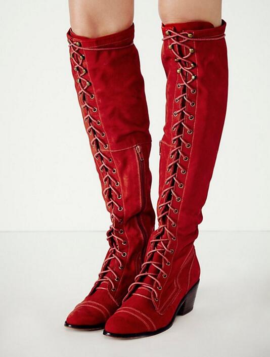 

Hot Selling Red Women High Boots Round Toe Lace-up Front Low Chunky Heels Knee High Boots Ladies Ridding Plus Size 10, As picture