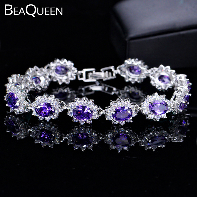 

BeaQueen Sparkling Big Oval Purple Austrian Crystal CZ Bracelets Bangles Women Trendy Jewelry Romantic Gift for Wife B024